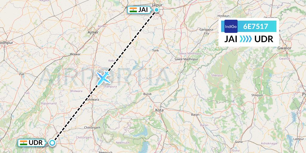 6E7517 IndiGo Airlines Flight Map: Jaipur to Udaipur