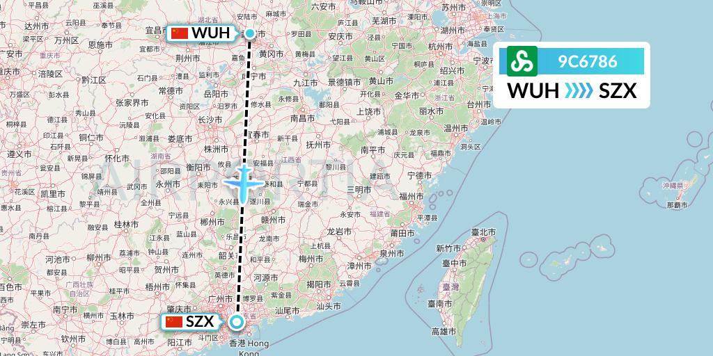 9C6786 Spring Airlines Flight Map: Wuhan to Shenzhen