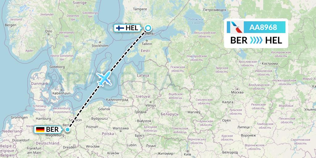 AA8968 American Airlines Flight Map: Berlin to Helsinki