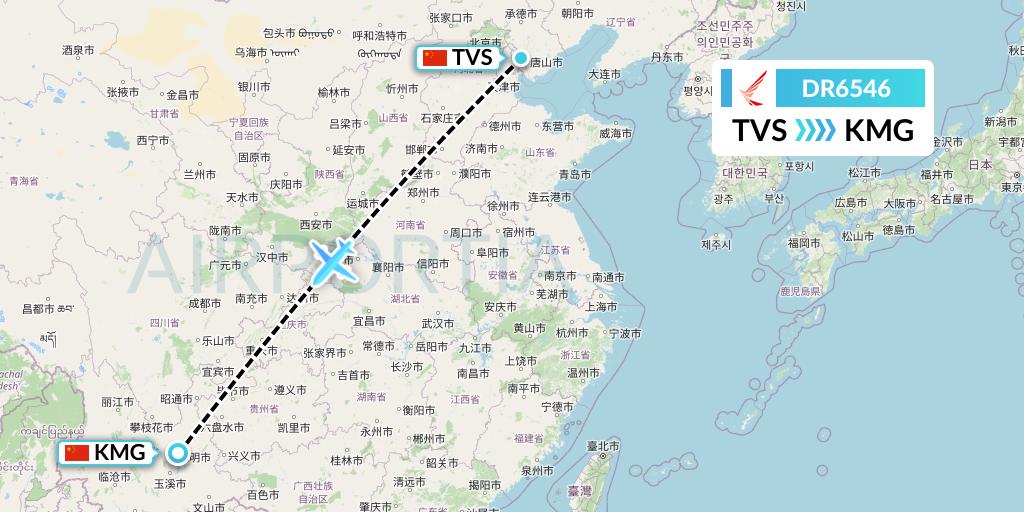 DR6546 Ruili Airlines Flight Map: Tangshan to Kunming