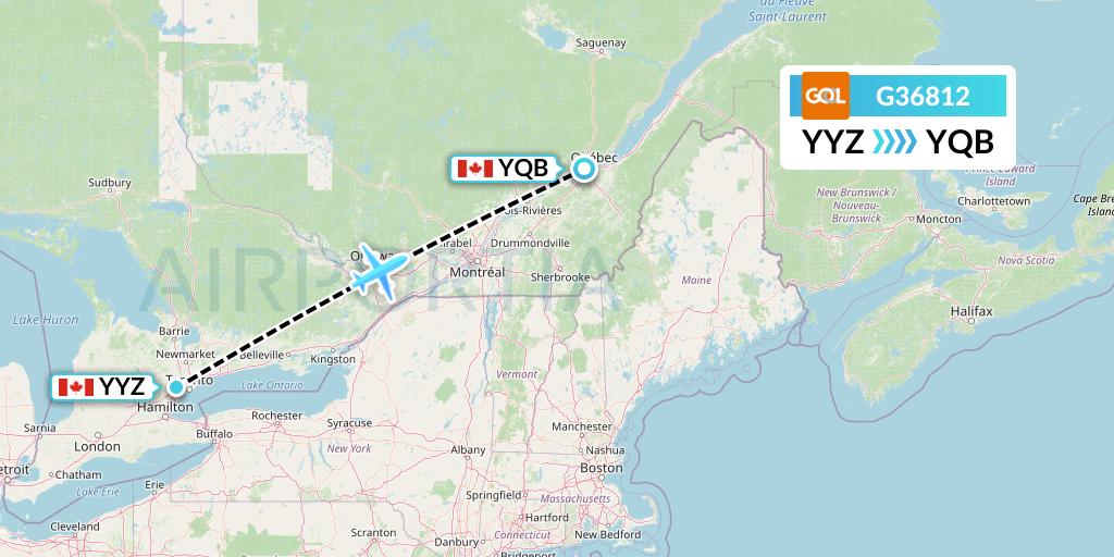 G36812 GOL Transportes Aeros Flight Map: Toronto to Quebec