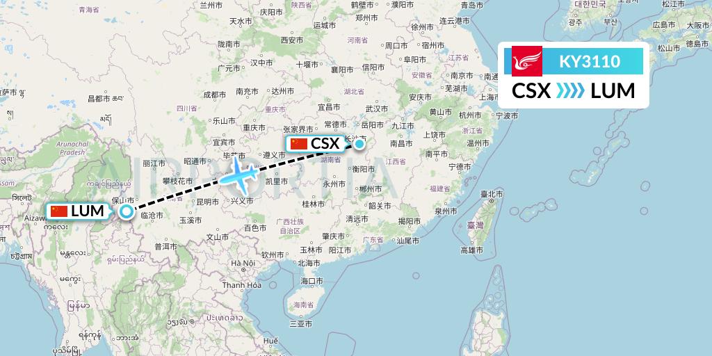 KY3110 Kunming Airlines Flight Map: Changsha to Mangshi