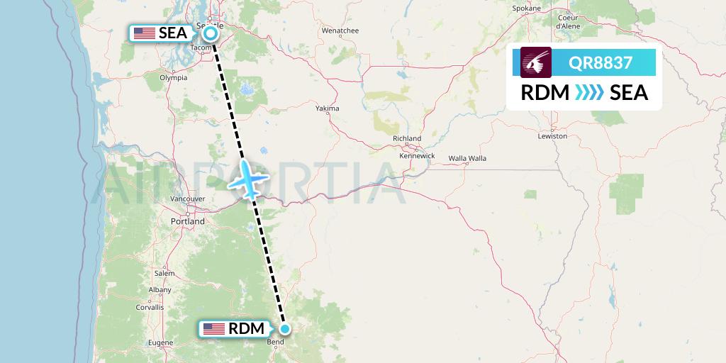 QR8837 Qatar Airways Flight Map: Redmond to Seattle