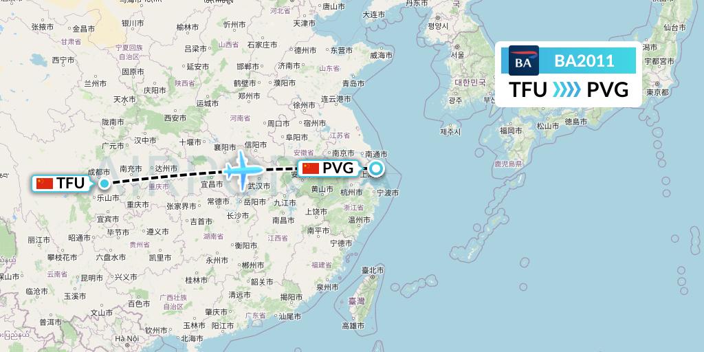 BA2011 British Airways Flight Map: Chengdu to Shanghai