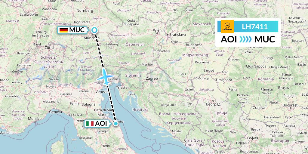 LH7411 Lufthansa Flight Map: Ancona to Munich