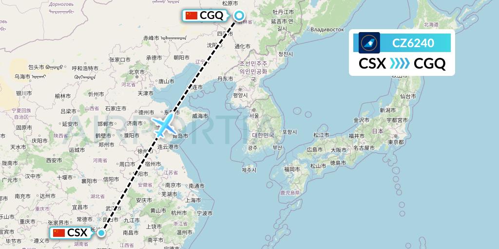 CZ6240 China Southern Airlines Flight Map: Changsha to Changchun