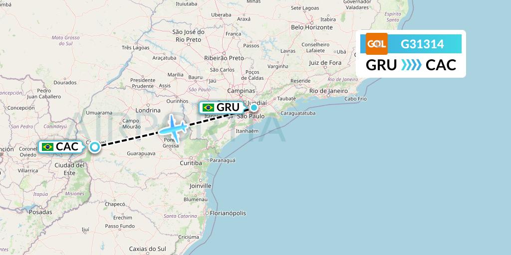 G31314 GOL Transportes Aeros Flight Map: Sao Paulo to Cascavel