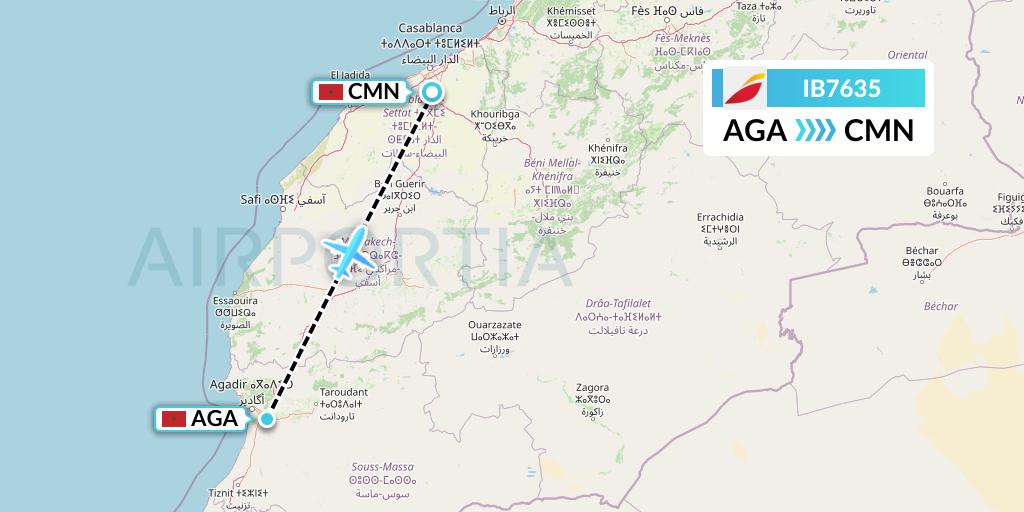 IB7635 Iberia Flight Map: Agadir to Casablanca
