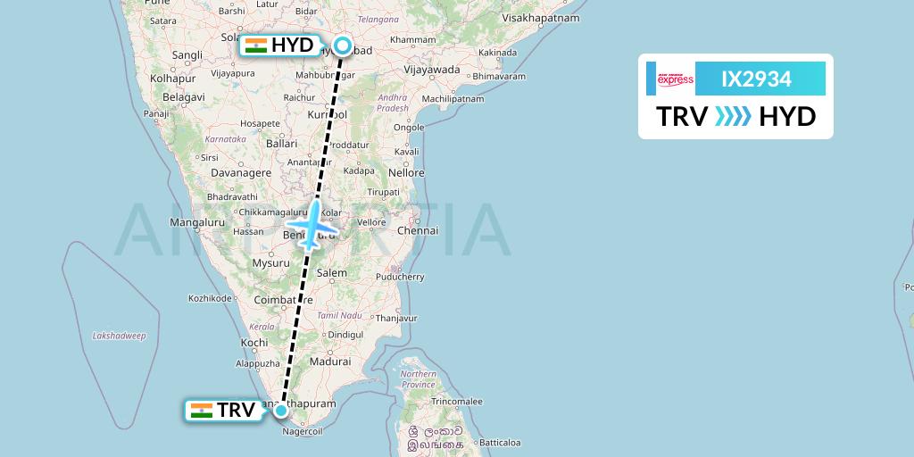 IX2934 Air India Express Flight Map: Thiruvananthapuram to Hyderabad
