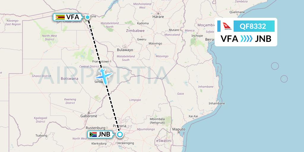 QF8332 Qantas Flight Map: Victoria Falls to Johannesburg