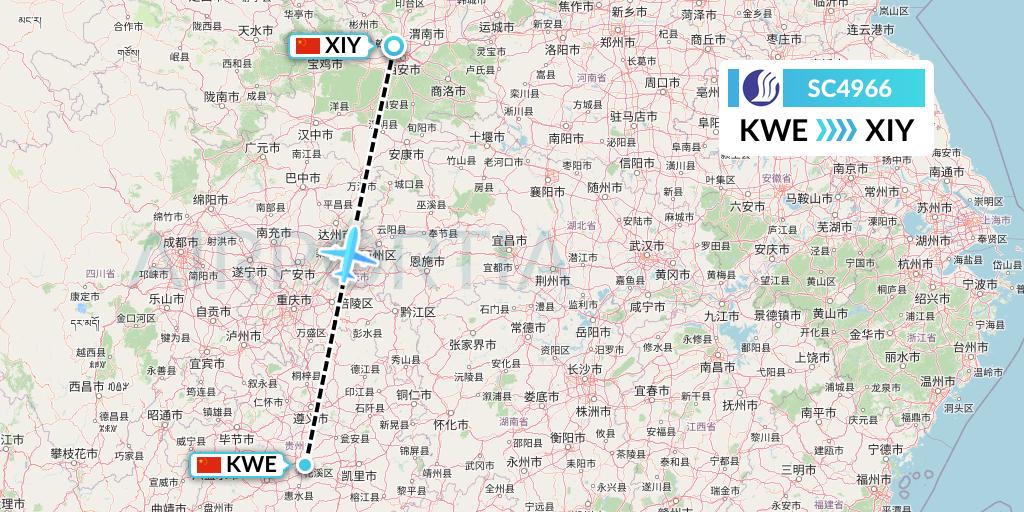 SC4966 Shandong Airlines Flight Map: Guiyang to Xi'an