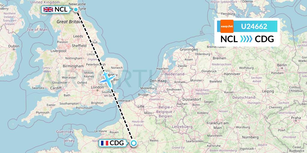 U24662 EasyJet Flight Map: Newcastle to Paris