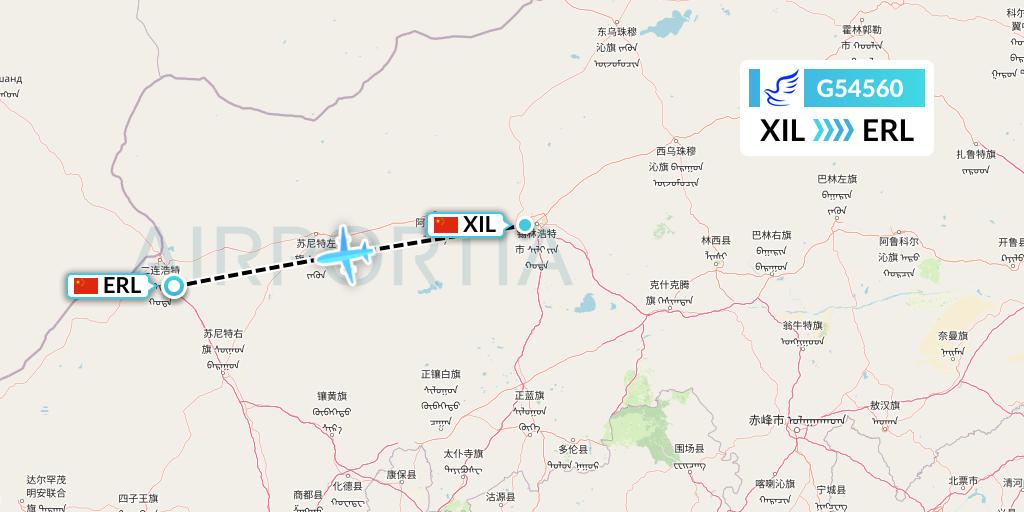 G54560 China Express Airlines Flight Map: Xilinhot to Erenhot