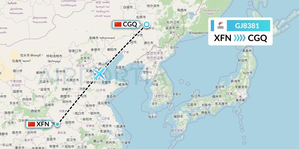 GJ8381 Loong Airlines Flight Map: Xiangyang to Changchun