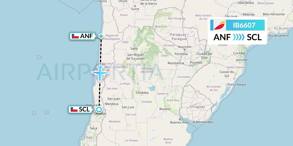 IB6607 Iberia Flight Map: Antofagasta to Santiago