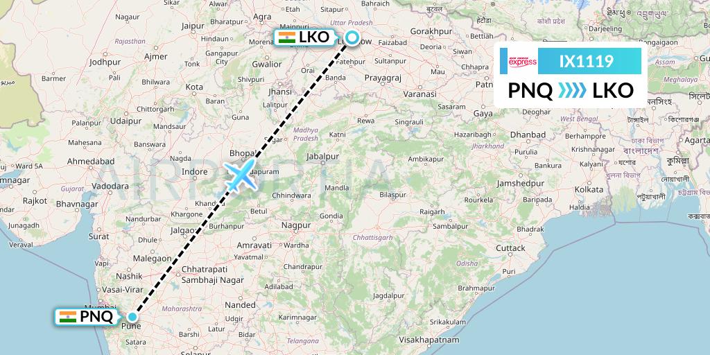 IX1119 Air India Express Flight Map: Pune to Lucknow