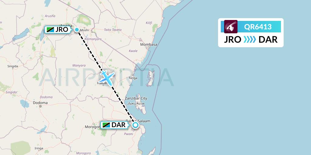 QR6413 Qatar Airways Flight Map: Kilimanjaro to Dar-es-Salaam