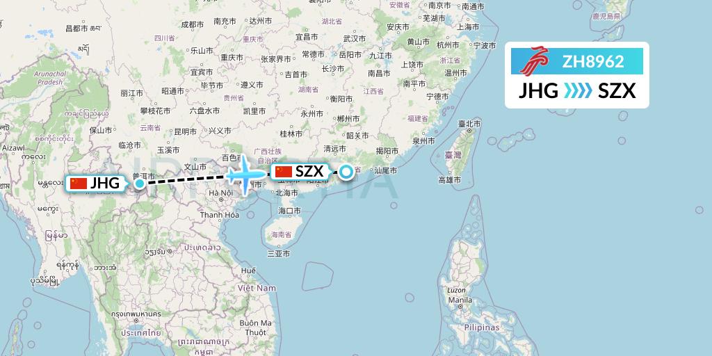 ZH8962 Shenzhen Airlines Flight Map: Jinghong to Shenzhen