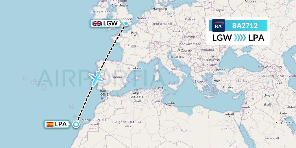 BA2712 British Airways Flight Map: London to Las Palmas