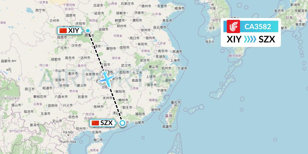 CA3582 Air China Flight Map: Xi'an to Shenzhen