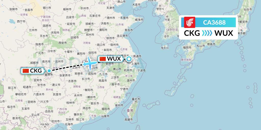 CA3688 Air China Flight Map: Chongqing to Wuxi