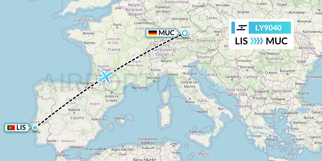 LY9040 El Al Flight Map: Lisbon to Munich