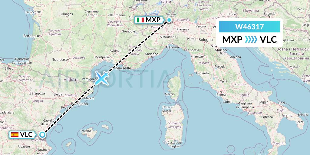 W46317 Wizz Air Malta Flight Map: Milan to Valencia