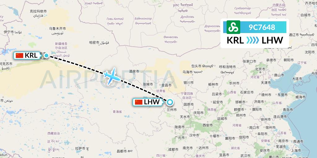 9C7648 Spring Airlines Flight Map: Korla to Lanzhou