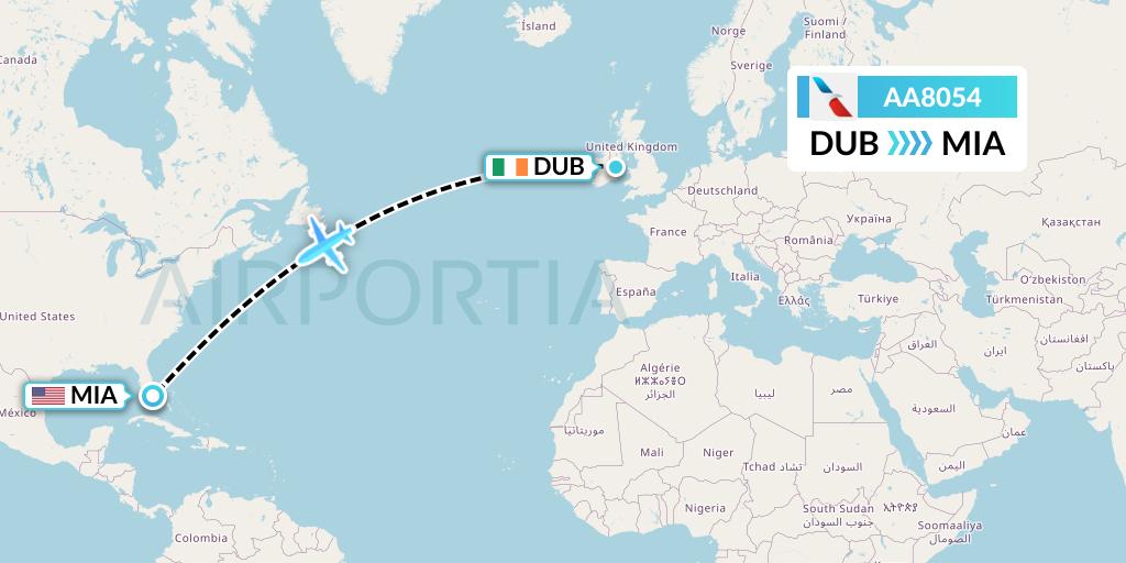 AA8054 American Airlines Flight Map: Dublin to Miami