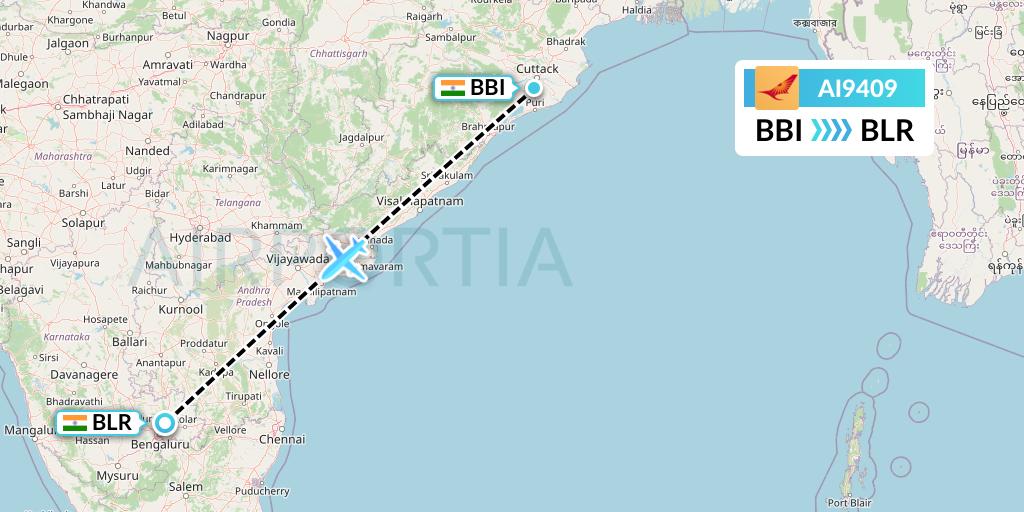 AI9409 Air India Flight Map: Bhubaneswar to Bangalore
