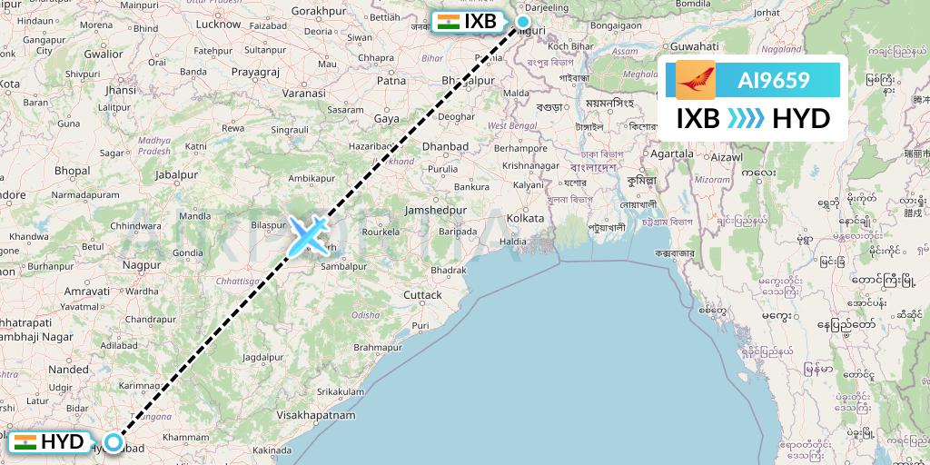 AI9659 Air India Flight Map: Siliguri to Hyderabad