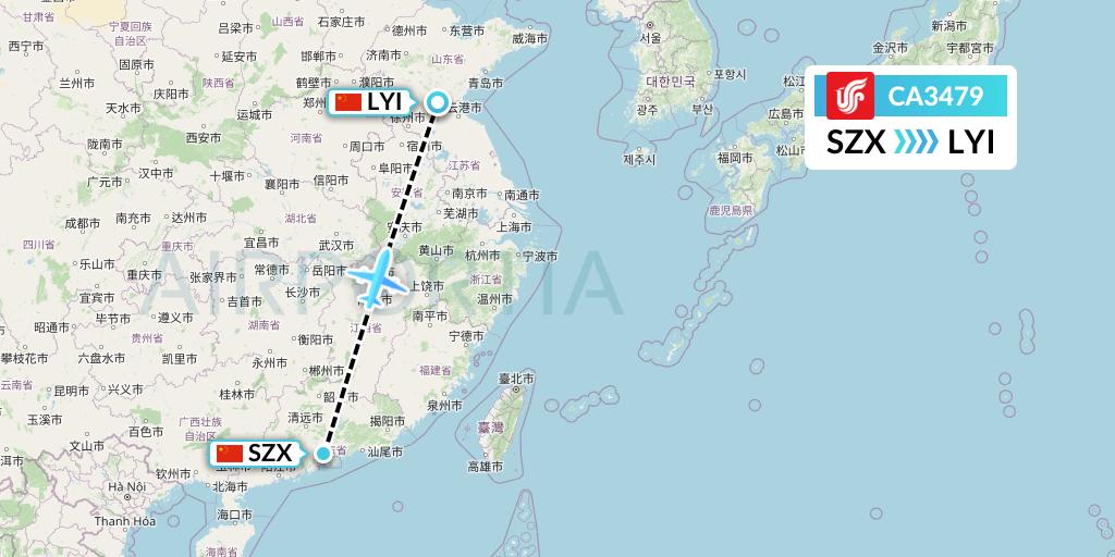 CA3479 Air China Flight Map: Shenzhen to Linyi