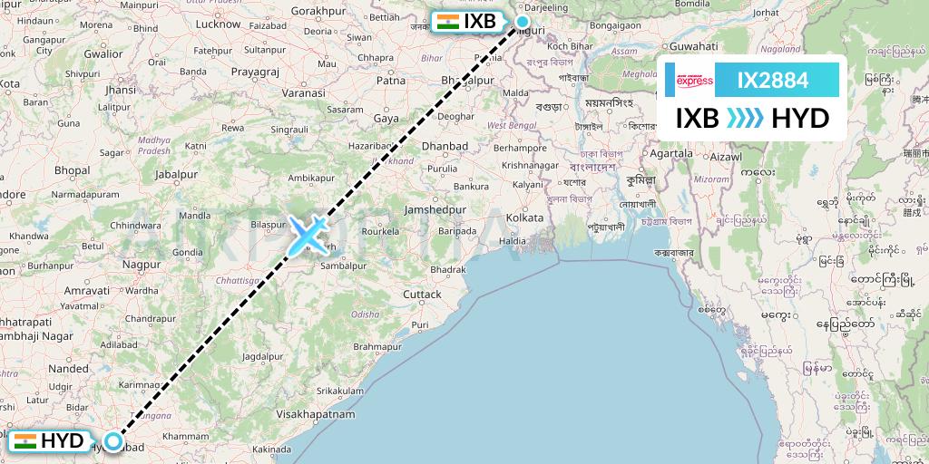 IX2884 Air India Express Flight Map: Siliguri to Hyderabad