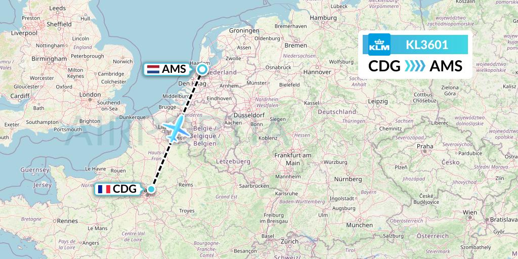 KL3601 KLM Flight Map: Paris to Amsterdam