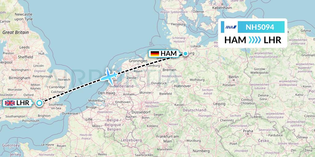 NH5094 All Nippon Airways Flight Map: Hamburg to London
