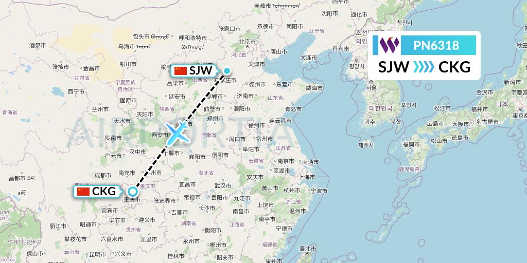 PN6318 China West Air Flight Map: Shijiazhuang to Chongqing