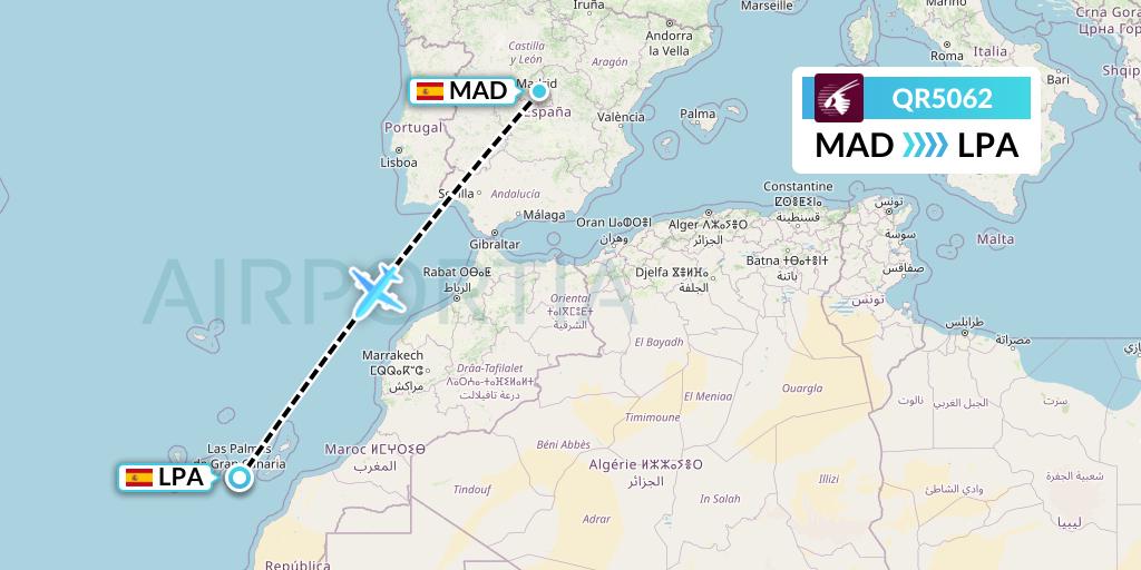 QR5062 Qatar Airways Flight Map: Madrid to Las Palmas