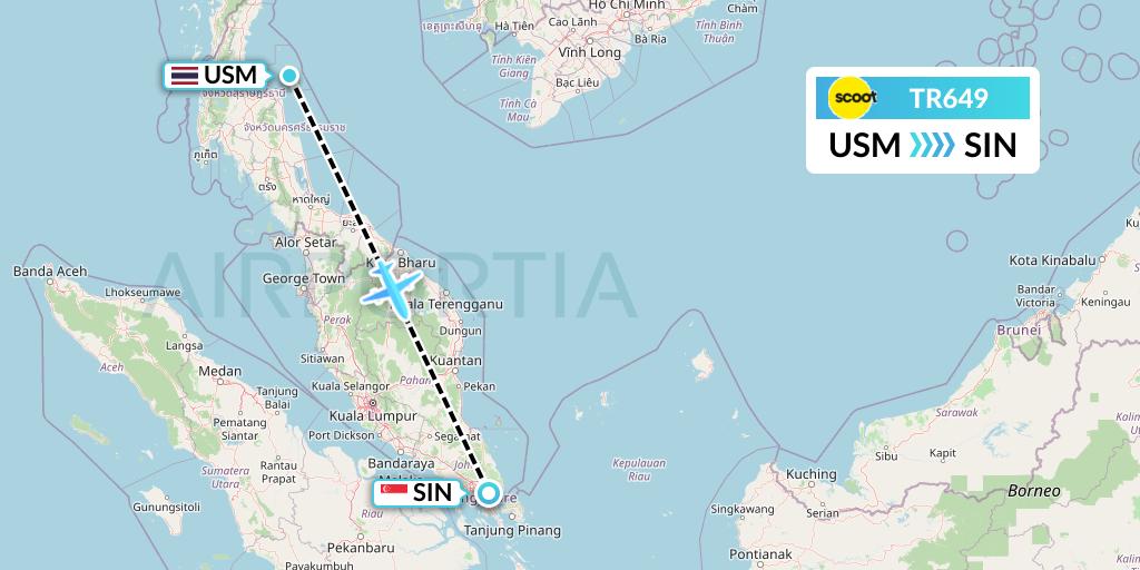 TR649 Tigerair Flight Map: Koh Samui to Singapore