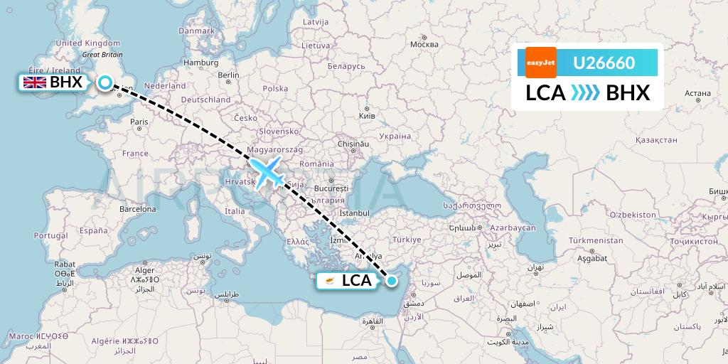 U26660 EasyJet Flight Map: Larnaca to Birmingham
