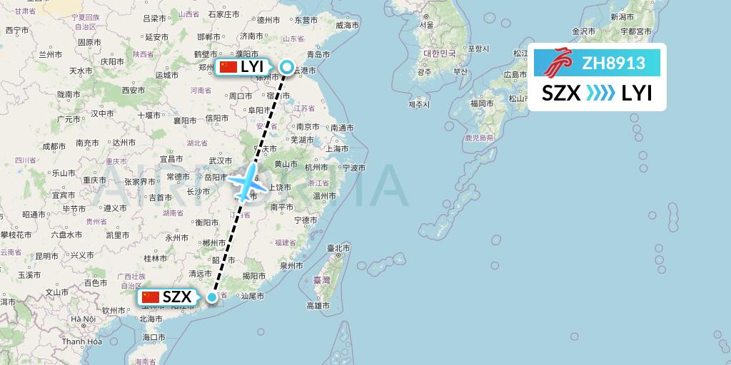 ZH8913 Shenzhen Airlines Flight Map: Shenzhen to Linyi