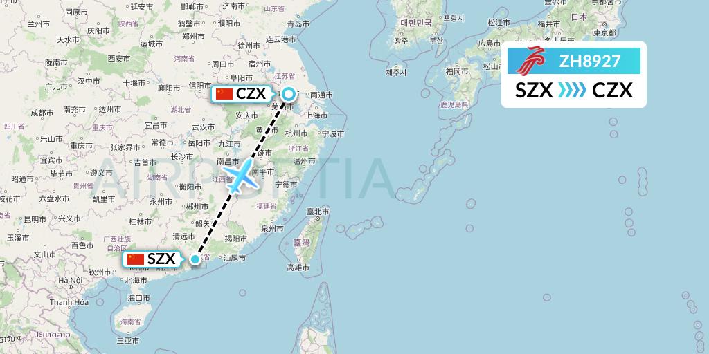 ZH8927 Shenzhen Airlines Flight Map: Shenzhen to Changzhou
