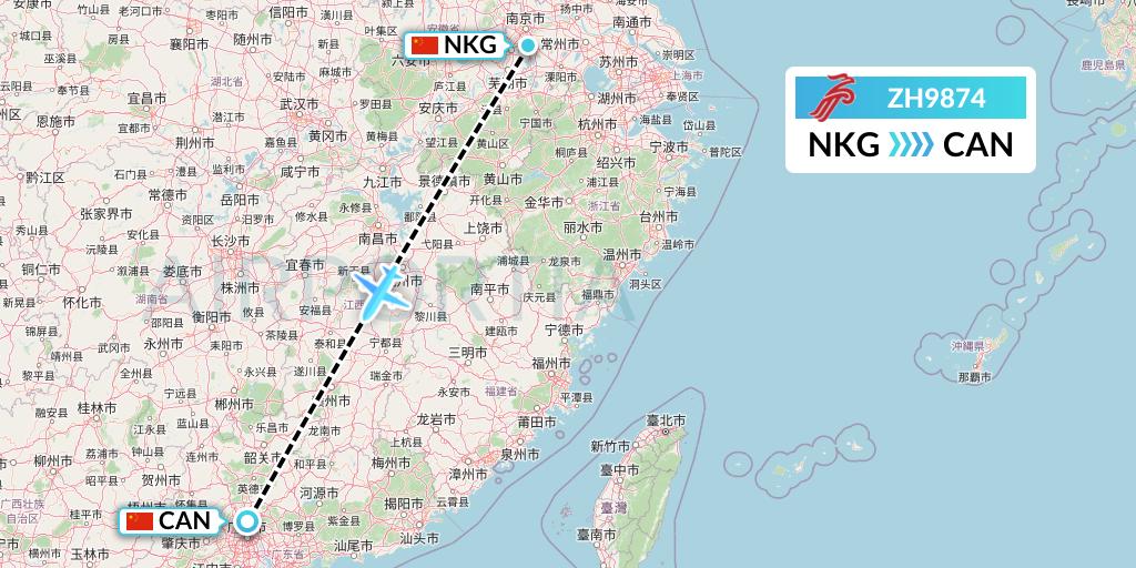ZH9874 Shenzhen Airlines Flight Map: Nanjing to Guangzhou