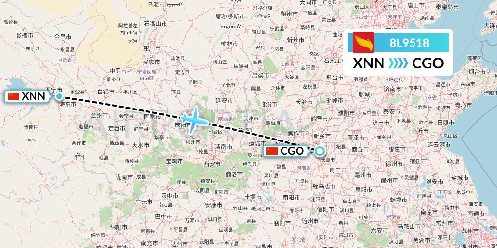 8L9518 Lucky Air Flight Map: Xining to Zhengzhou