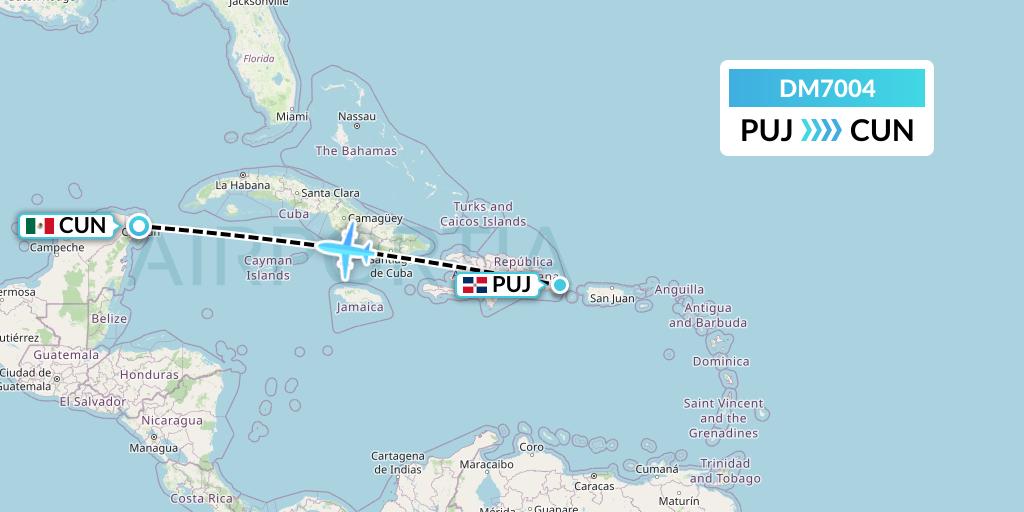 DM7004 Arajet Flight Map: Punta Cana to Cancun