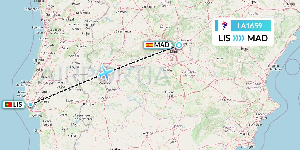 LA1659 LAN Airlines Flight Map: Lisbon to Madrid