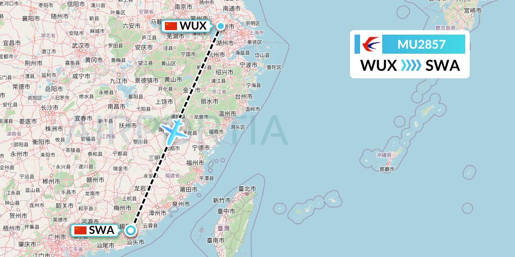 MU2857 China Eastern Airlines Flight Map: Wuxi to Jieyang