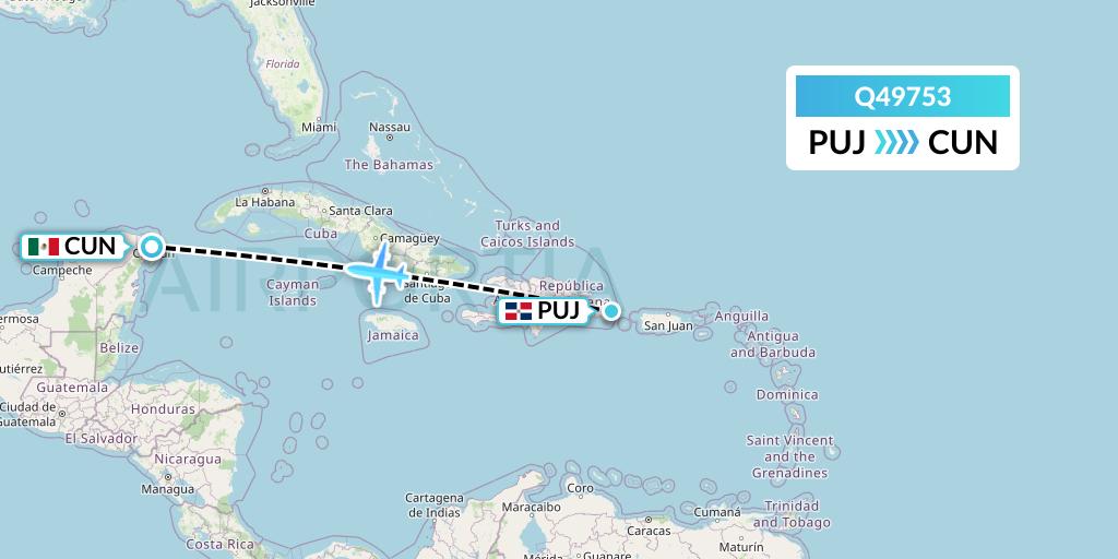 Q49753 Euroairlines Flight Map: Punta Cana to Cancun