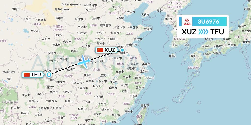 3U6976 Sichuan Airlines Flight Map: Xuzhou to Chengdu