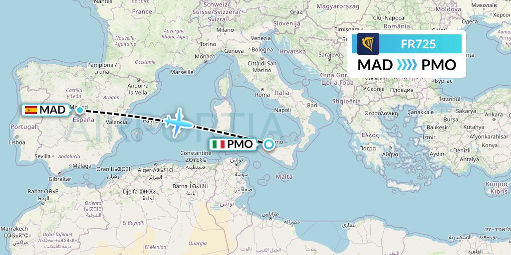 FR725 Ryanair Flight Map: Madrid to Palermo