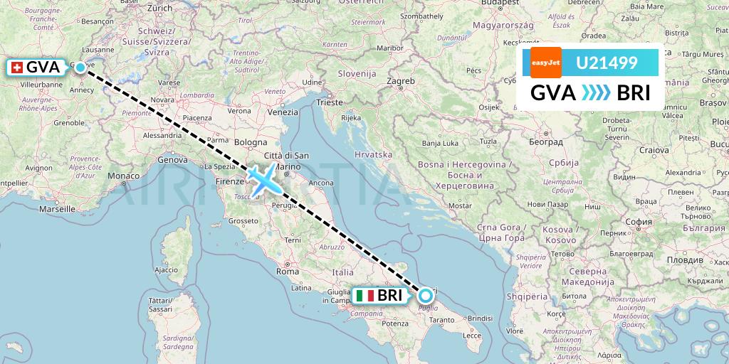 U21499 EasyJet Flight Map: Geneva to Bari